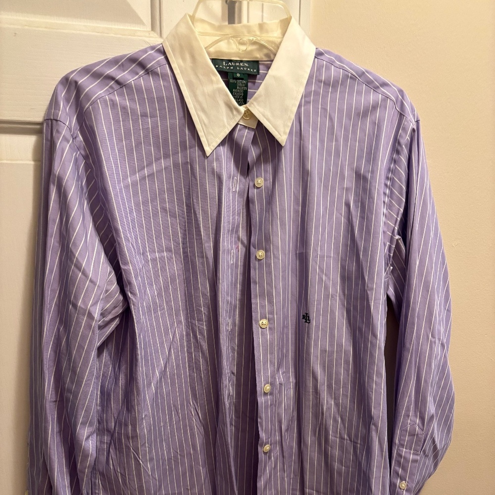 Ralph Lauren Lauren Purple & White L/S Striped Cuffed Shirt Size 8